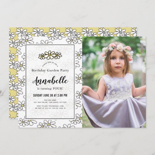 デイジーガーデンパーティーホワイトフォト誕生日 招待状 (正面/裏面)