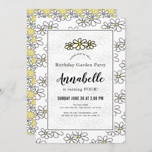 デイジーガーデンパーティーホワイト誕生日招待状 招待状 (正面/裏面)