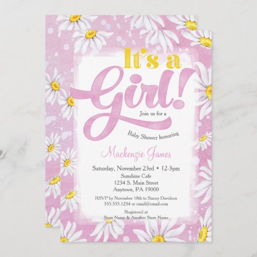デイジーガールベビーシャワー招待状ピンクイエロー 招待状 (正面/裏面)