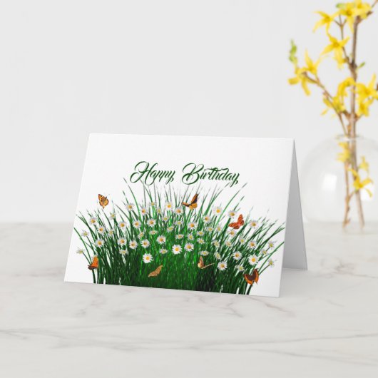 デイジーグリーングラスオレンジ蝶誕生日 カード (黄色い花)