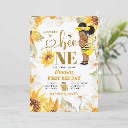 デイジーサンフラワーアフロガールファーストビーデイ誕生日 招待状 (スタンド正面)