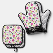 デイジースお洒落タイル化フローラ花模様 鍋つかみ&鍋敷きセット (正面/裏面)