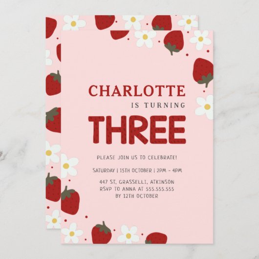 デイジーストロベリーピンク第3夏誕生日 招待状 (正面/裏面)