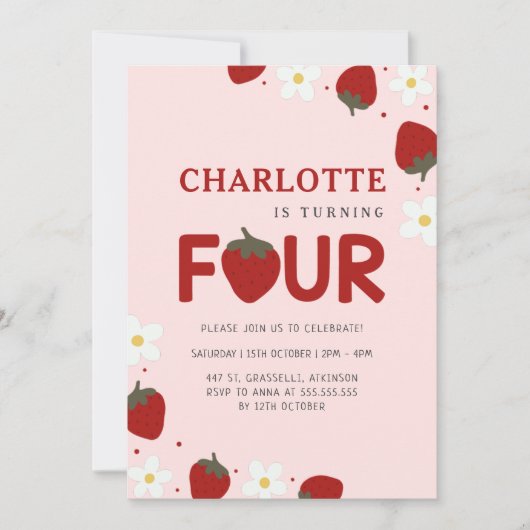 デイジーストロベリーピンク4th夏誕生日 招待状 (正面)