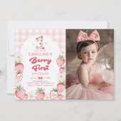 デイジーストロベリーベリーファースト1歳の誕生日フォト 招待状 (正面)