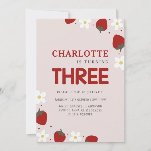 デイジーストロベリーライトグレイ第3夏誕生日 招待状 (正面)