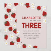 デイジーストロベリーライトグレイ第3夏誕生日 招待状 (正面/裏面)