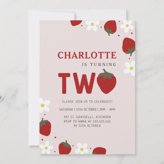 デイジーストロベリーライトグレー2nd夏誕生日 招待状 (正面)