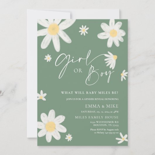 デイジーセージ緑の性女の子または男の子 招待状 (正面)