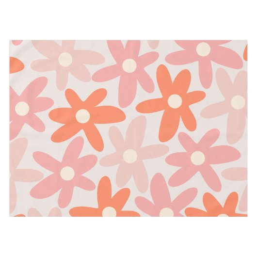 デイジータイムキュートレトロフローラルパターンオレンジピンク テーブルクロス (正面(横))