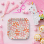 デイジータイムキュートレトロフローラルパターンオレンジピンク ペーパープレート (パーティー)