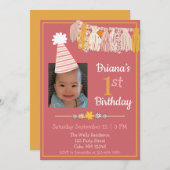 デイジータッセルパーティーハットピンクガールズファースト誕生日 招待状 (正面/裏面)