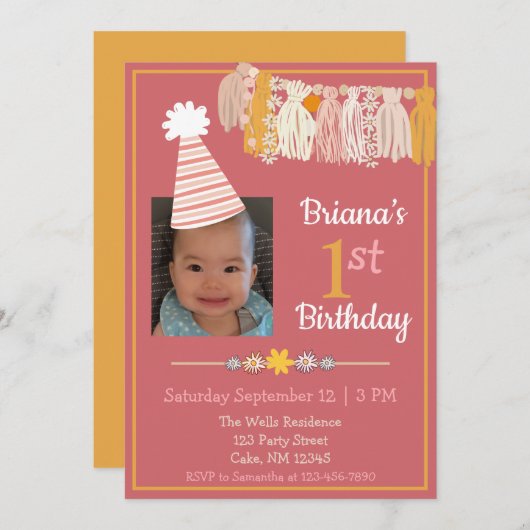 デイジータッセルパーティーハットピンクガールズファースト誕生日 招待状 (正面/裏面)