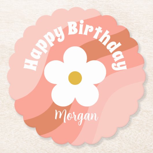 デイジーテラコッタピーチレトロパーティーカップケーキ ペーパーコースター (正面)