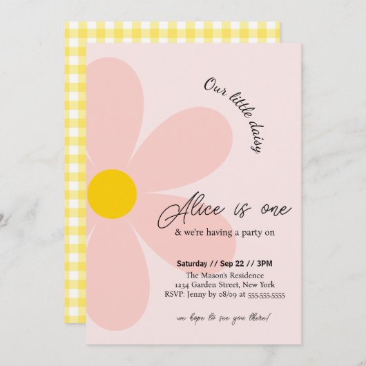 デイジーバースデーパーティーボフミアン1歳の誕生日 招待状 (正面/裏面)