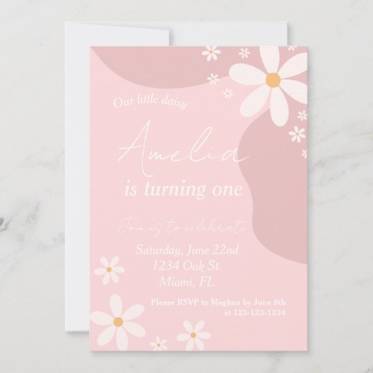 デイジーバースデーパーティーレトロピンクボヘミアン誕生日 招待状 (正面)