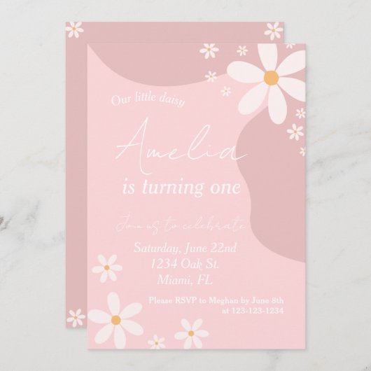 デイジーバースデーパーティーレトロピンクボヘミアン誕生日 招待状 (正面/裏面)