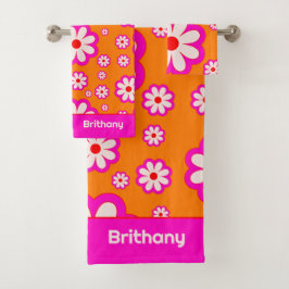デイジーパターンピンク&オレンジ70sレトロフローラ名 バスタオルセット