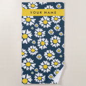 デイジーパターン、白いデイジー、名前 ビーチタオル (正面)