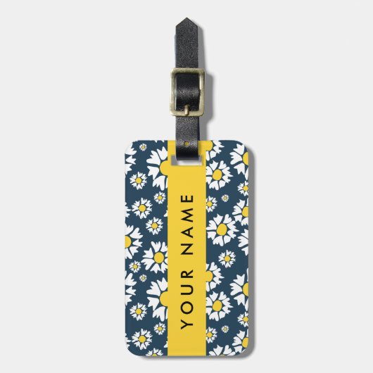 デイジーパターン、白いデイジー、名前 ラゲッジタグ (正面縦)