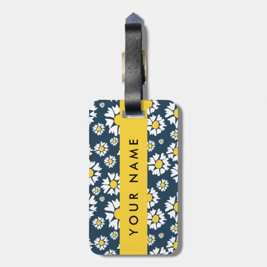 デイジーパターン、白いデイジー、名前 ラゲッジタグ (裏面縦)