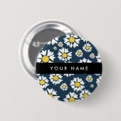 デイジーパターン、白いデイジー、名前 缶バッジ (正面&裏面)
