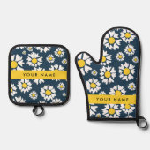 デイジーパターン、白いデイジー、名前 鍋つかみ&鍋敷きセット (正面)