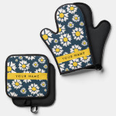 デイジーパターン、白いデイジー、名前 鍋つかみ&鍋敷きセット (正面/裏面)