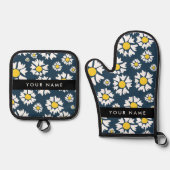 デイジーパターン、白いデイジー、名前 鍋つかみ&鍋敷きセット (正面)
