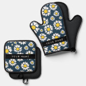 デイジーパターン、白いデイジー、名前 鍋つかみ&鍋敷きセット (正面/裏面)