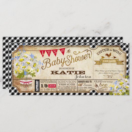 デイジーピクニックブラックギンガムチェックベビーシャワー 招待状 (正面/裏面)