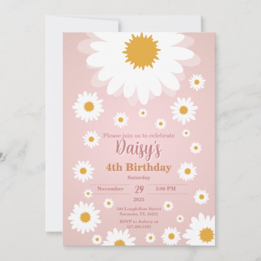 デイジーピンクの年齢自由な誕生日招待状 招待状 (正面)