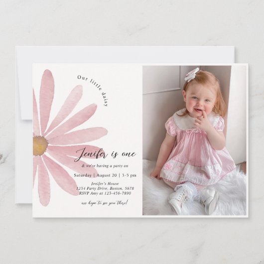 デイジーピンクガールFirst Birthday Party写真 招待状 (正面)