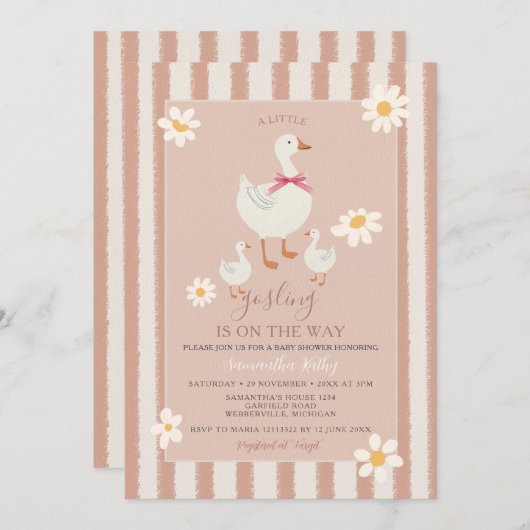 デイジーピンクストライプのかわいい小さなゴスリング赤ちゃんシャワー 招待状 (正面/裏面)