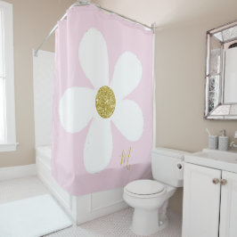 デイジーピンクホワイトシンプルフローラ金ゴールドパーソナル シャワーカーテン