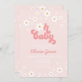 デイジーピンクレトログルーヴィーベビーシャワー招待状 招待状 (正面/裏面)