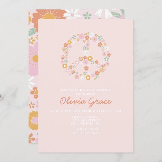デイジーピンクレトロピースラブベビーシャワー招待状 招待状 (正面/裏面)