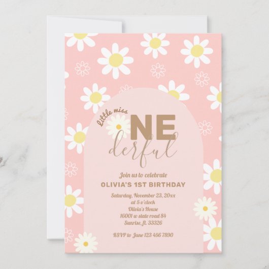 デイジーピンク恋しく思リトルワンダーフル少女1歳の誕生日 招待状 (正面)