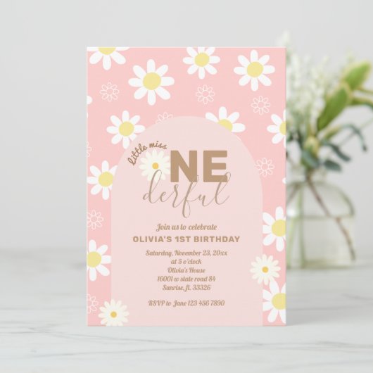 デイジーピンク恋しく思リトルワンダーフル少女1歳の誕生日 招待状 (スタンド正面)