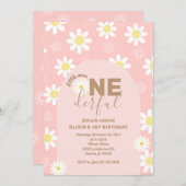デイジーピンク恋しく思リトルワンダーフル少女1歳の誕生日 招待状 (正面/裏面)
