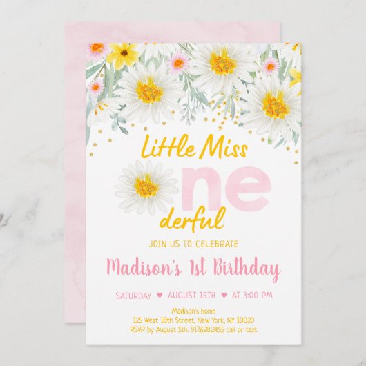 デイジーピンク金ゴールドワイルドワンファースト誕生日招待状 招待状 (正面/裏面)