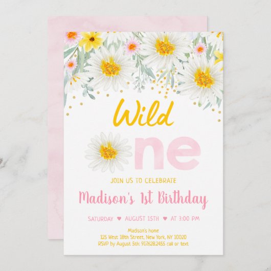 デイジーピンク金ゴールドワイルドワン第1誕生日 招待状 (正面/裏面)