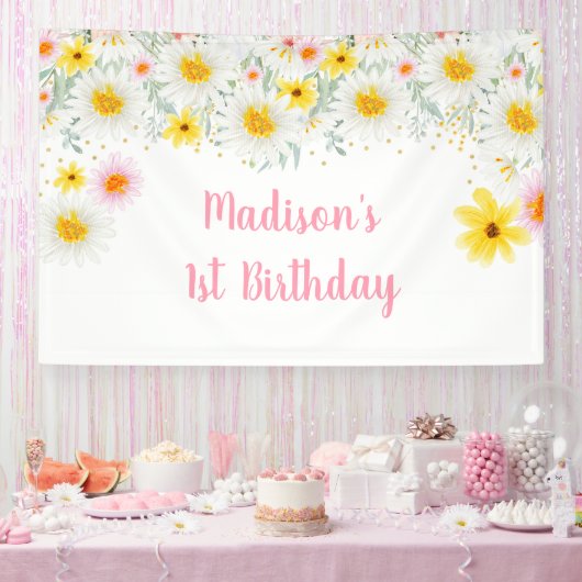 デイジーピンク金ゴールドワイルドワン第1誕生日 横断幕 (パーティー)