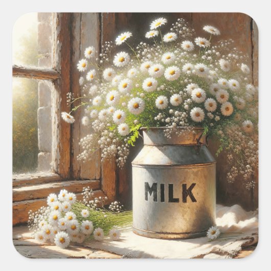デイジーファッションドブーケ付き古いミルク缶 スクエアシール (正面)