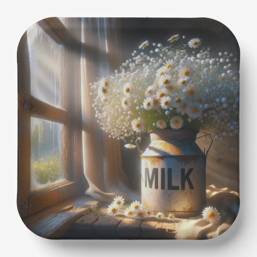 デイジーファッションドブーケ付き古いミルク缶 ペーパープレート (正面)