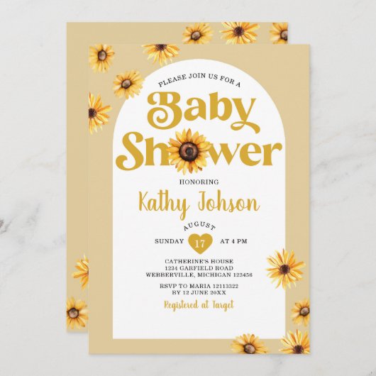 デイジーフラワーアーチボホベイビーシャワーヒマワリ 招待状 (正面/裏面)