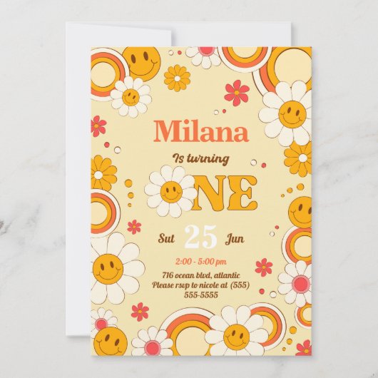 デイジーフラワーグルービーファースト誕生日招待状カード 招待状 (正面)