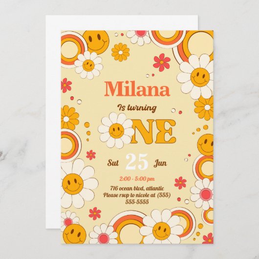 デイジーフラワーグルービーファースト誕生日招待状カード 招待状 (正面/裏面)