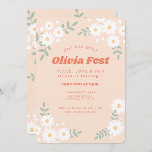 デイジーフラワーピーチミュージックフェスティバル誕生日 招待状 (正面/裏面)