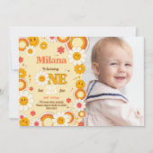 デイジーフラワーファースト誕生日フォト招待状カード 招待状 (正面)